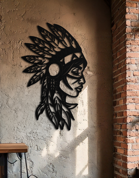 Yerli Amerikan Kadın Metal Duvar Sanatı - Kabile Kadın Silüeti Çelik Dekor- KAF479