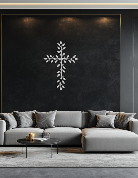 Yaprak Haç Metal Duvar Sanatı - Zarif Botanik Hristiyan Ev Dekoru - KAF482