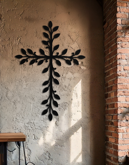 Yaprak Haç Metal Duvar Sanatı - Zarif Botanik Hristiyan Ev Dekoru - KAF482