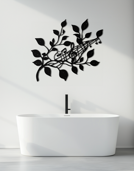 Müzikal Ağaç Dalı Metal Duvar Sanatı - Nota Esintili Çelik Dekor- KAF484