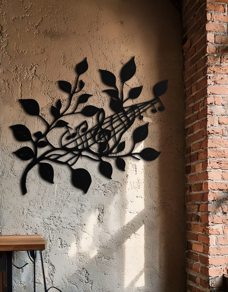 Müzikal Ağaç Dalı Metal Duvar Sanatı - Nota Esintili Çelik Dekor- KAF484