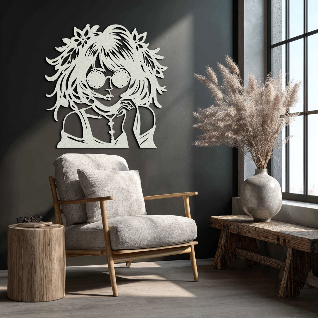 Anime Girl Silhouette Metal Wall Art – Black Steel Artistic Modern Home Decor- KAF490