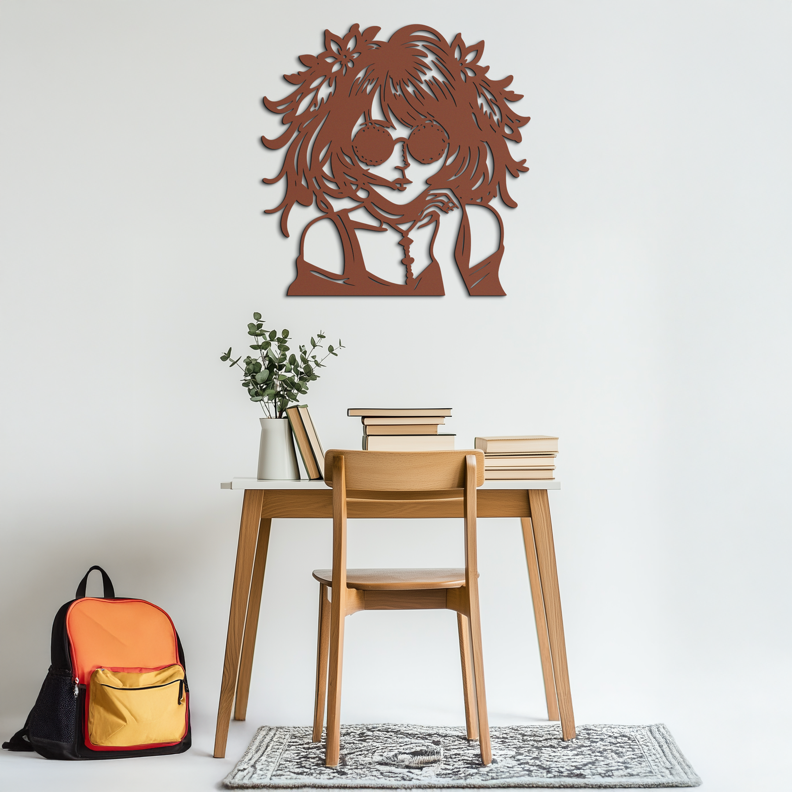 Anime Girl Silhouette Metal Wall Art – Black Steel Artistic Modern Home Decor- KAF490