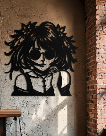 Anime Girl Silhouette Metal Wall Art – Black Steel Artistic Modern Home Decor- KAF490