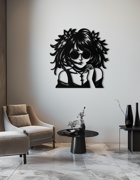 Anime Girl Silhouette Metal Wall Art – Black Steel Artistic Modern Home Decor- KAF490