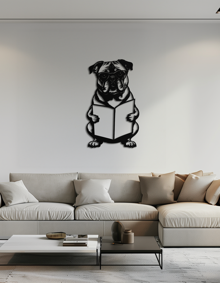 Okuma Köpeği Silüeti Metal Duvar Sanatı – Siyah Çelik Tuhaf Evcil Hayvan Sever Dekoru- KAF491