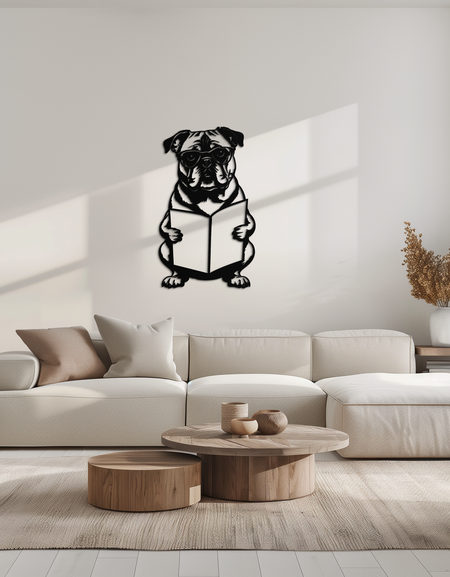 Okuma Köpeği Silüeti Metal Duvar Sanatı – Siyah Çelik Tuhaf Evcil Hayvan Sever Dekoru- KAF491