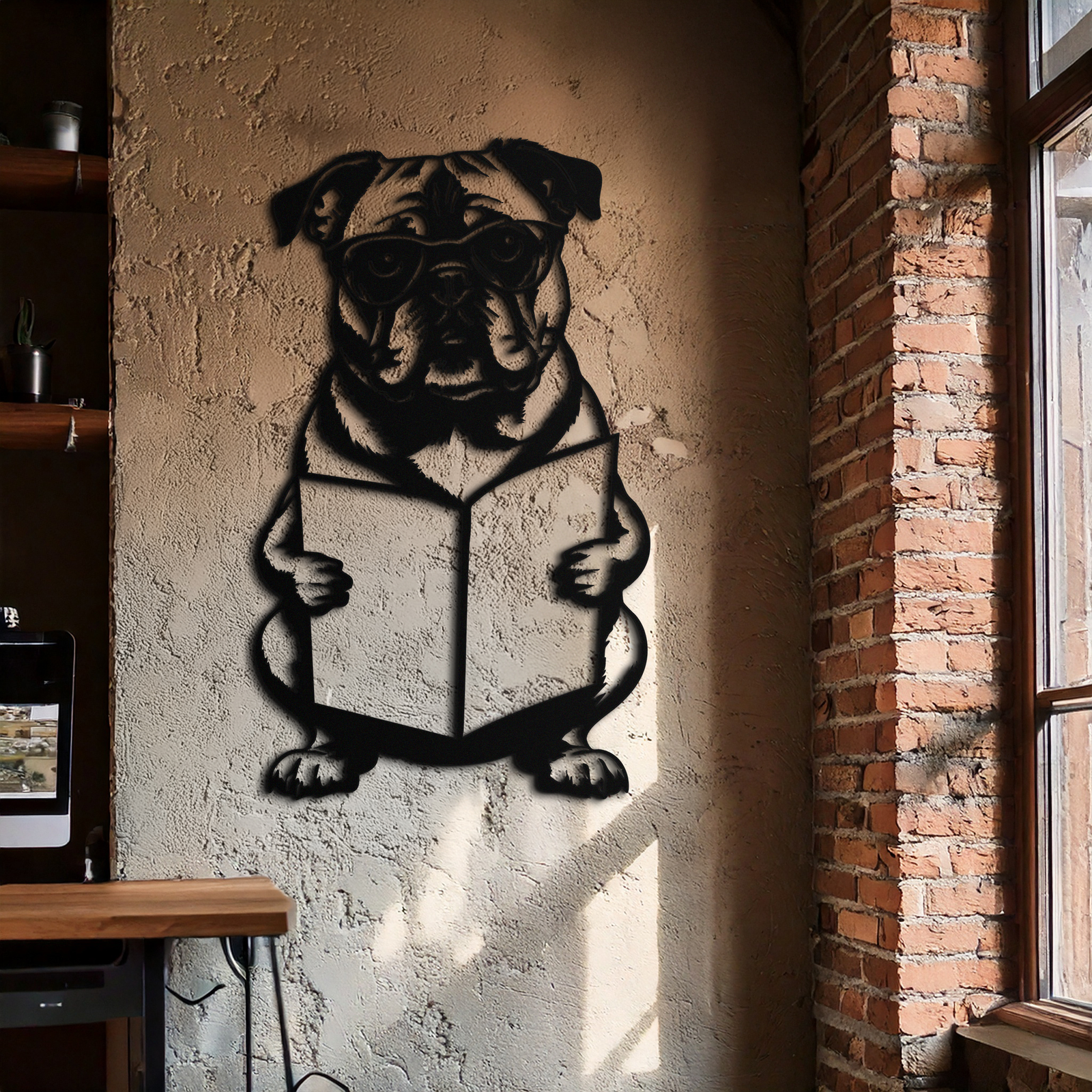 Reading Dog Silhouette Metal Wall Art – Black Steel Whimsical Pet Lover Decor- KAF491