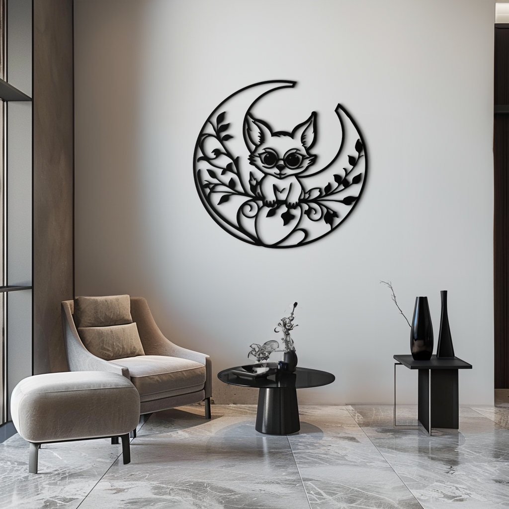 Moon Cat Silhouette Metal Wall Art – Black Steel Whimsical Pet Lover Decor- KAF492