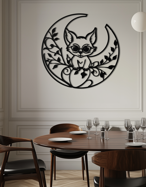 Load image into Gallery viewer, Moon Cat Silhouette Metal Wall Art – Black Steel Whimsical Pet Lover Decor- KAF492
