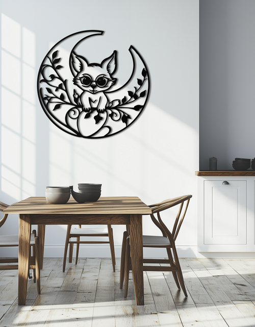 Load image into Gallery viewer, Moon Cat Silhouette Metal Wall Art – Black Steel Whimsical Pet Lover Decor- KAF492
