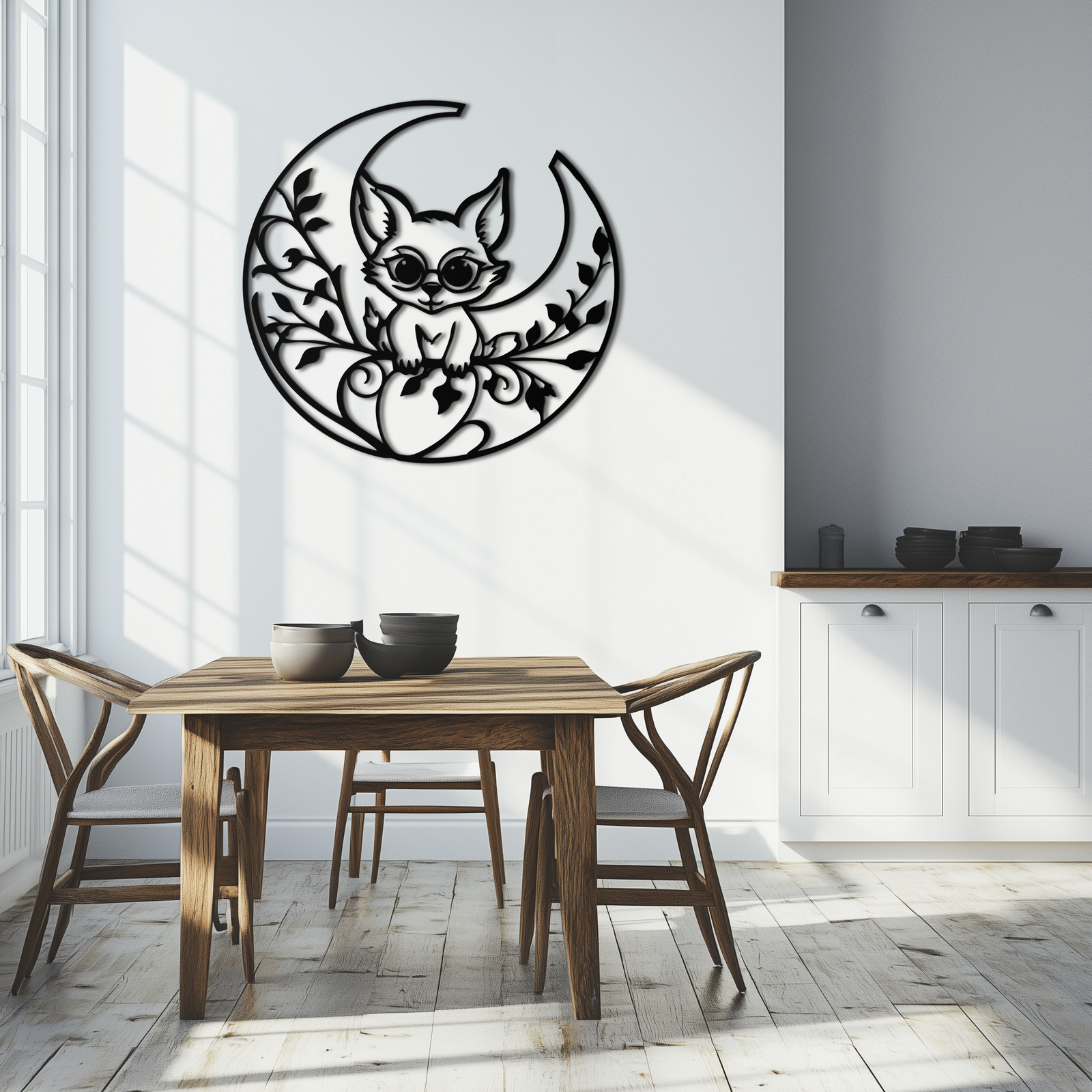 Moon Cat Silhouette Metal Wall Art – Black Steel Whimsical Pet Lover Decor- KAF492