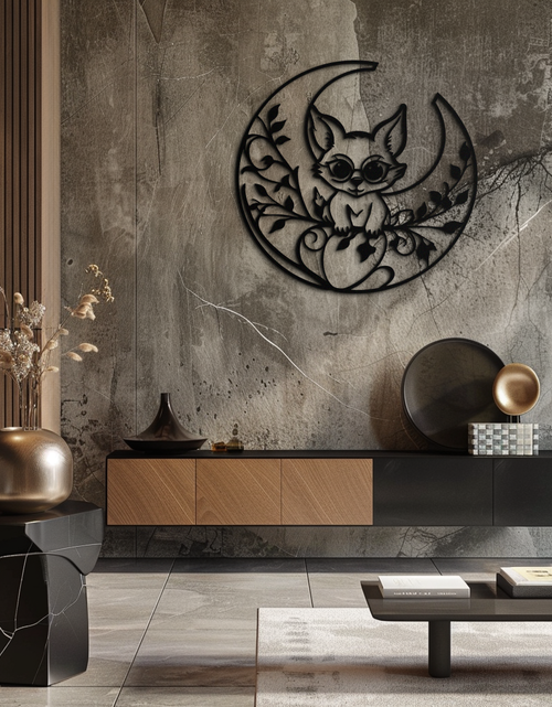 Load image into Gallery viewer, Moon Cat Silhouette Metal Wall Art – Black Steel Whimsical Pet Lover Decor- KAF492

