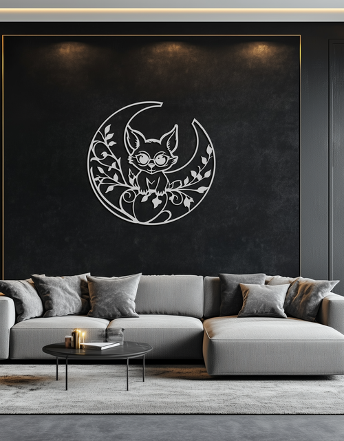 Load image into Gallery viewer, Moon Cat Silhouette Metal Wall Art – Black Steel Whimsical Pet Lover Decor- KAF492
