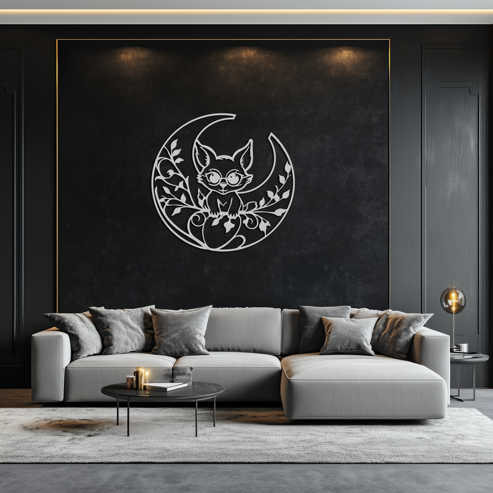 Moon Cat Silhouette Metal Wall Art – Black Steel Whimsical Pet Lover Decor- KAF492