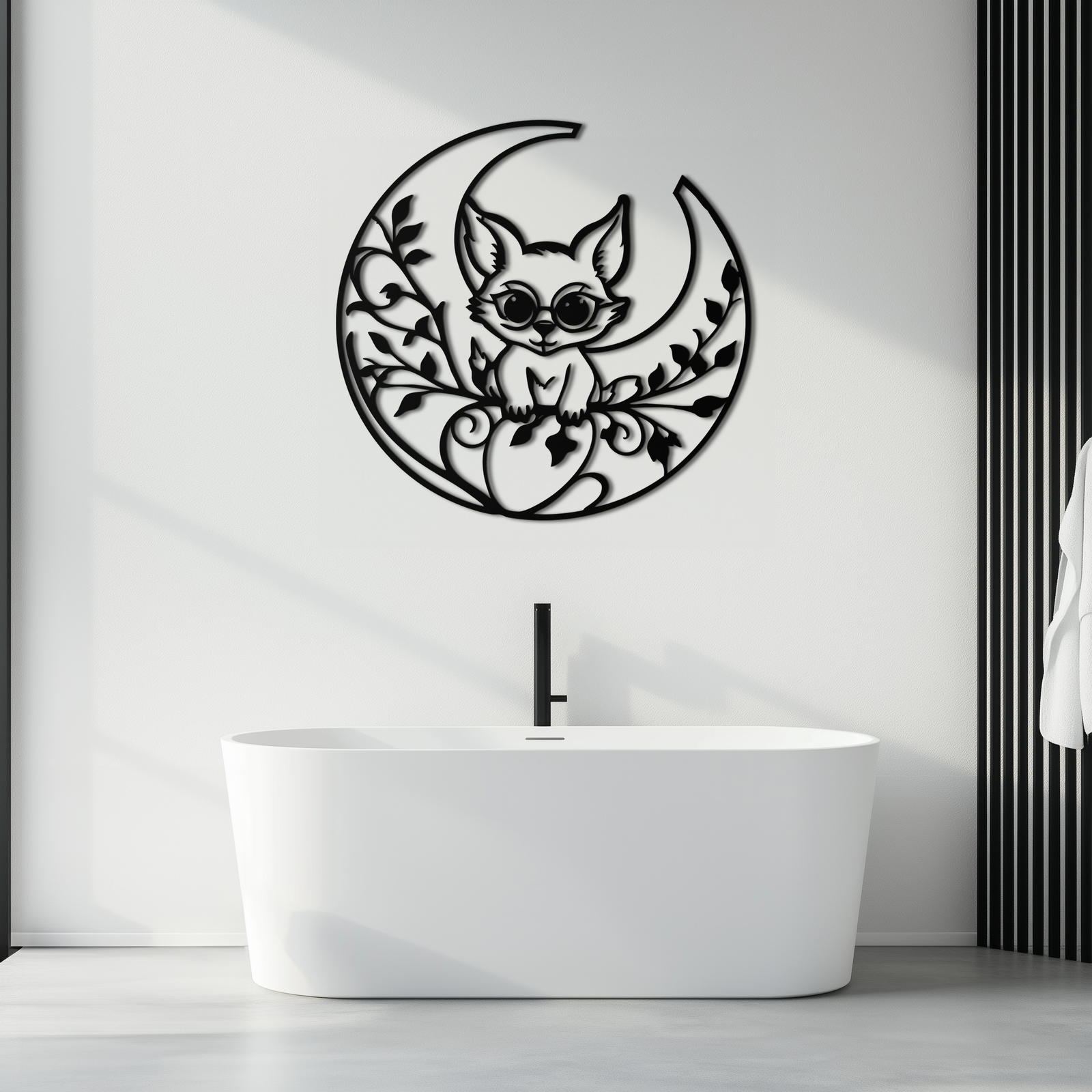 Moon Cat Silhouette Metal Wall Art – Black Steel Whimsical Pet Lover Decor- KAF492