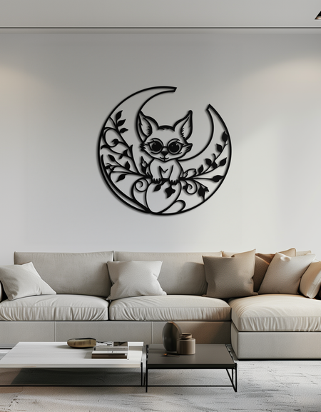 Ay Kedi Silüeti Metal Duvar Sanatı – Siyah Çelik Tuhaf Evcil Hayvan Sever Dekoru- KAF492