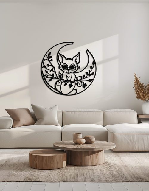 Load image into Gallery viewer, Moon Cat Silhouette Metal Wall Art – Black Steel Whimsical Pet Lover Decor- KAF492
