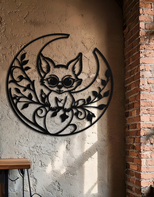 Load image into Gallery viewer, Moon Cat Silhouette Metal Wall Art – Black Steel Whimsical Pet Lover Decor- KAF492
