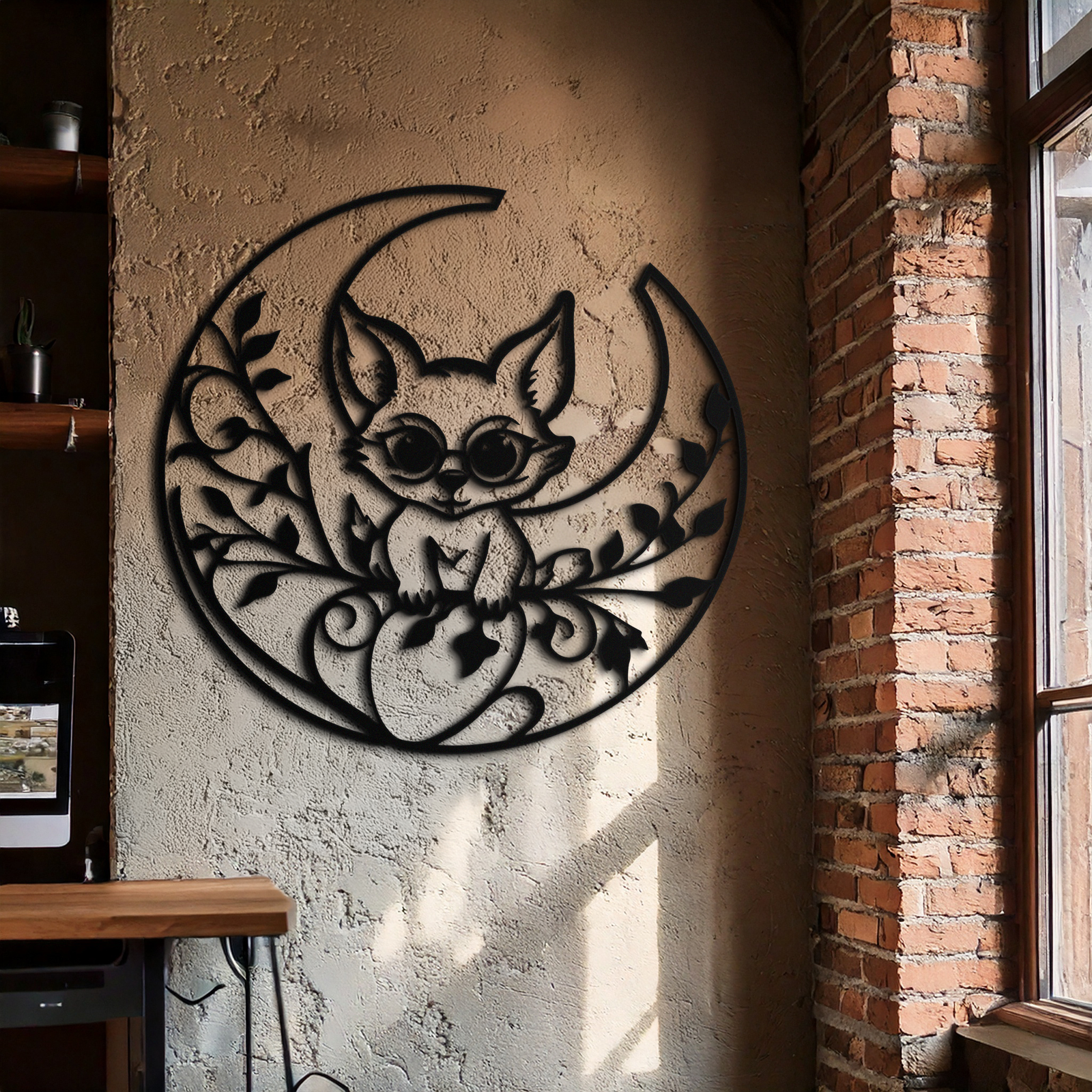 Moon Cat Silhouette Metal Wall Art – Black Steel Whimsical Pet Lover Decor- KAF492