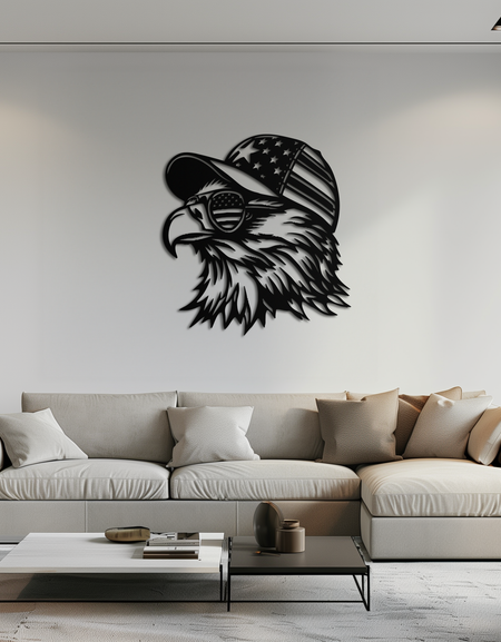 Vatansever Kartal Silüeti Metal Duvar Sanatı – Siyah Çelik Amerikan Gururu Dekoru- KAF493