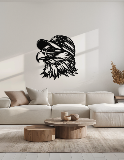 Load image into Gallery viewer, Patriotic Eagle Silhouette Metal Wall Art – Black Steel American Pride Decor- KAF493
