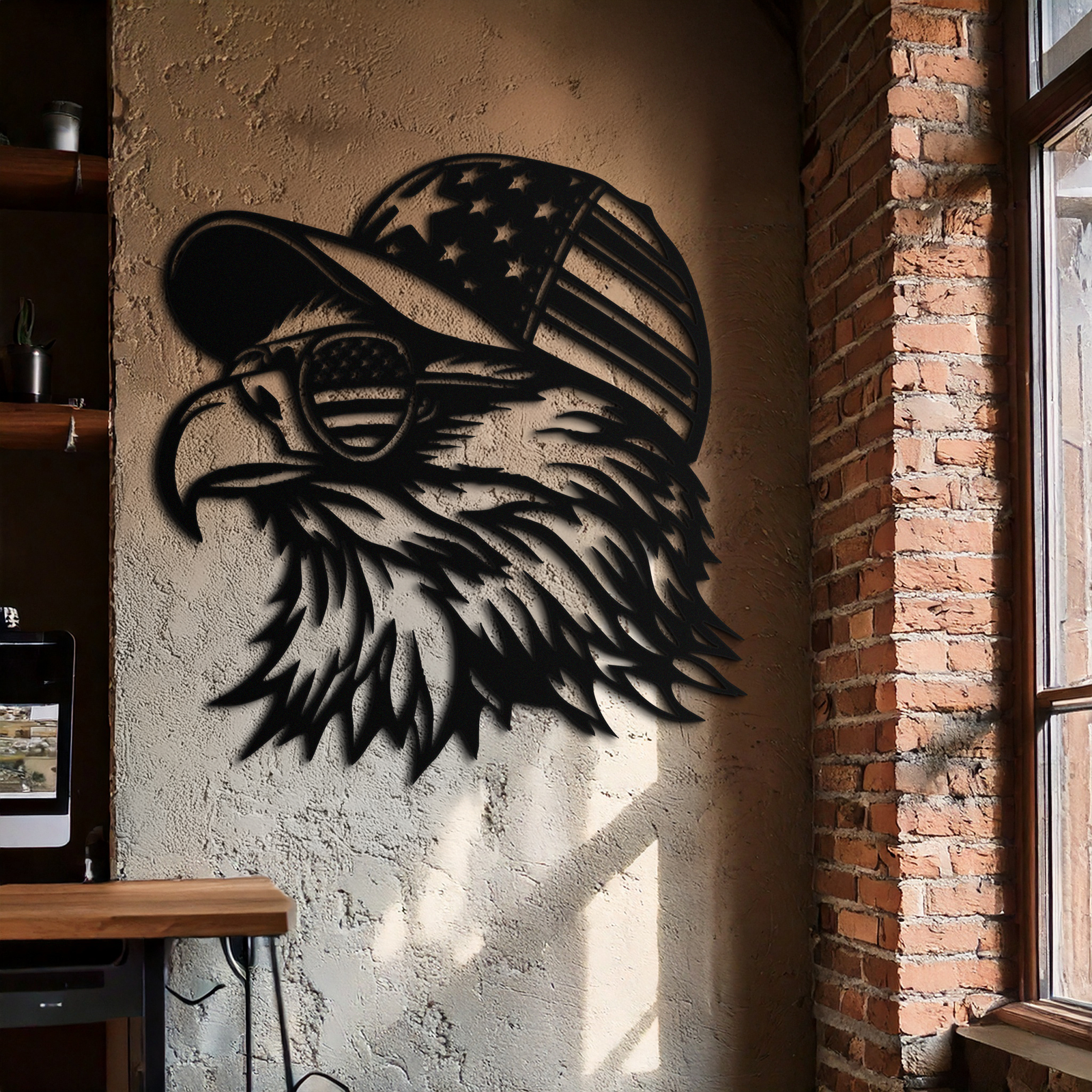 Patriotic Eagle Silhouette Metal Wall Art – Black Steel American Pride Decor- KAF493