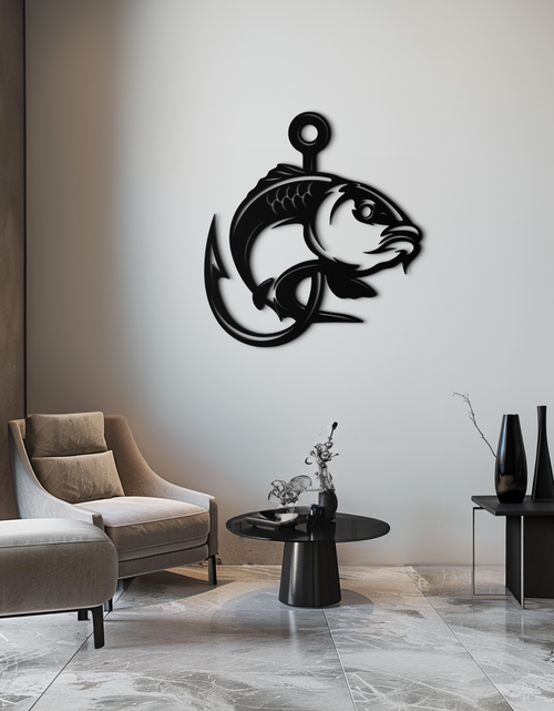 Load image into Gallery viewer, Fishing Hook and Fish Silhouette Metal Wall Art – Black Steel Angler’s Home Decor- KAF495
