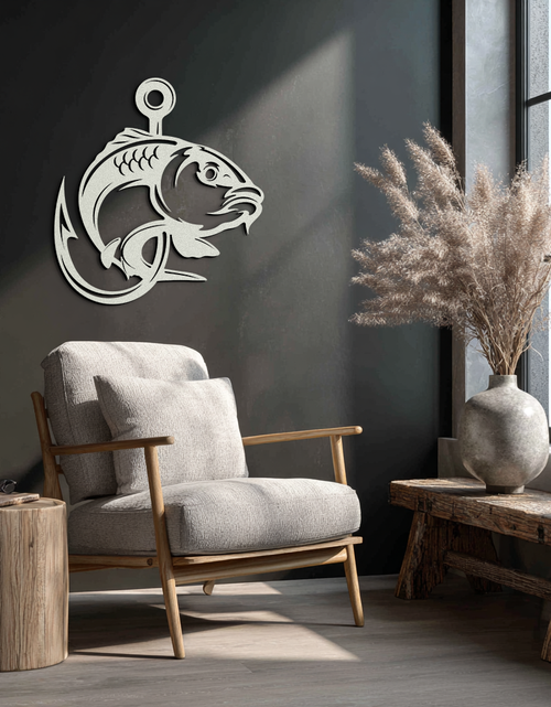 Load image into Gallery viewer, Fishing Hook and Fish Silhouette Metal Wall Art – Black Steel Angler’s Home Decor- KAF495
