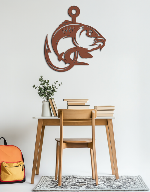 Load image into Gallery viewer, Fishing Hook and Fish Silhouette Metal Wall Art – Black Steel Angler’s Home Decor- KAF495
