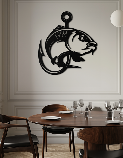 Load image into Gallery viewer, Fishing Hook and Fish Silhouette Metal Wall Art – Black Steel Angler’s Home Decor- KAF495
