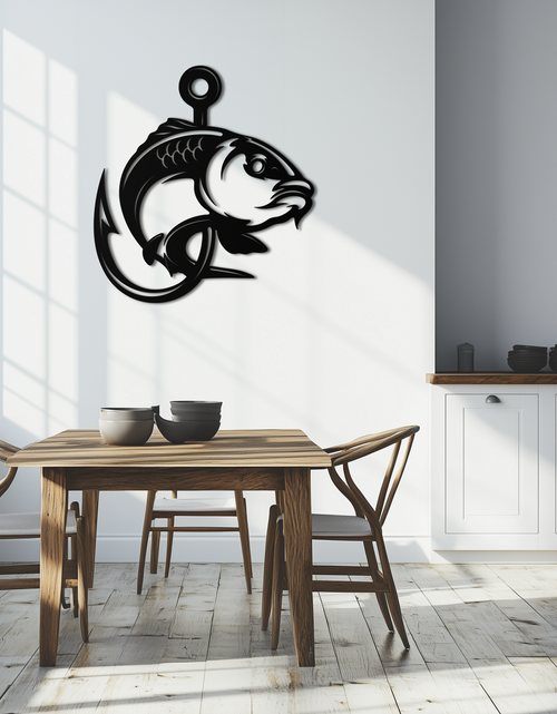 Load image into Gallery viewer, Fishing Hook and Fish Silhouette Metal Wall Art – Black Steel Angler’s Home Decor- KAF495
