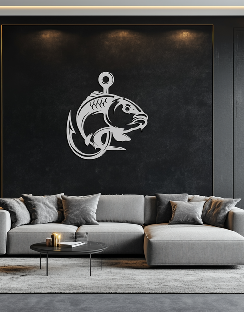 Load image into Gallery viewer, Fishing Hook and Fish Silhouette Metal Wall Art – Black Steel Angler’s Home Decor- KAF495
