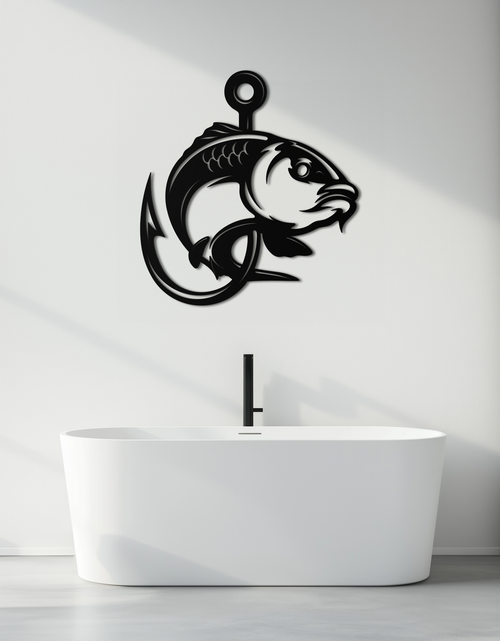Load image into Gallery viewer, Fishing Hook and Fish Silhouette Metal Wall Art – Black Steel Angler’s Home Decor- KAF495
