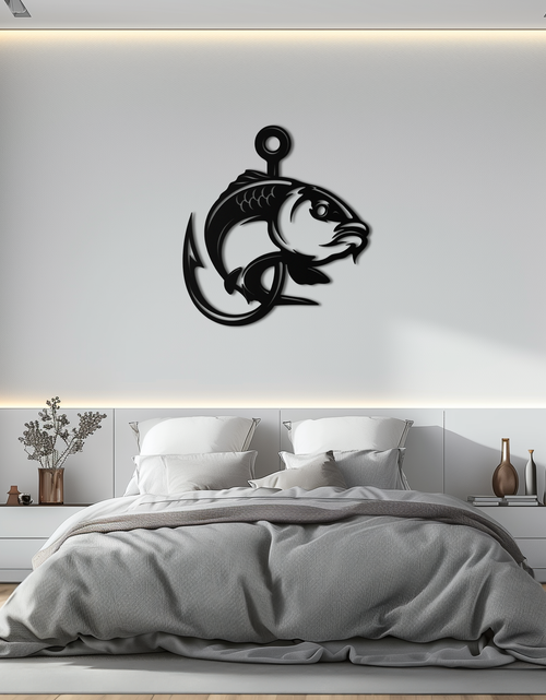 Load image into Gallery viewer, Fishing Hook and Fish Silhouette Metal Wall Art – Black Steel Angler’s Home Decor- KAF495
