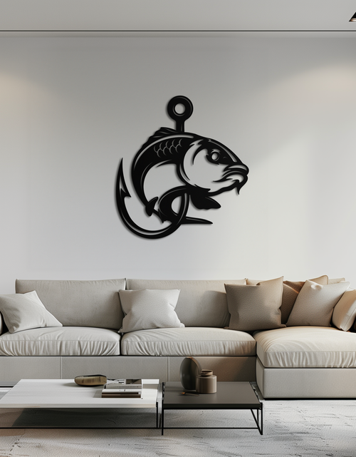 Load image into Gallery viewer, Fishing Hook and Fish Silhouette Metal Wall Art – Black Steel Angler’s Home Decor- KAF495

