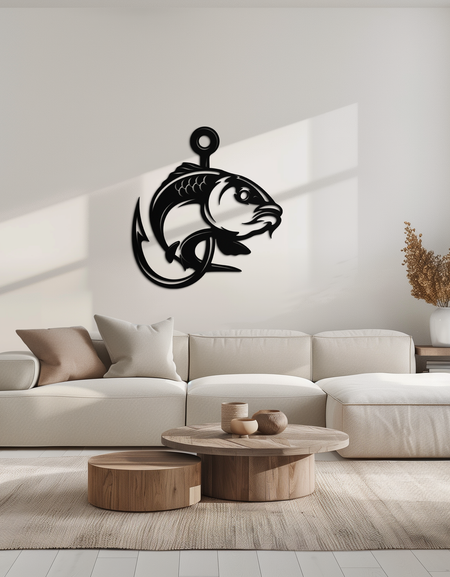 Fishing Hook and Fish Silhouette Metal Wall Art – Black Steel Angler’s Home Decor- KAF495