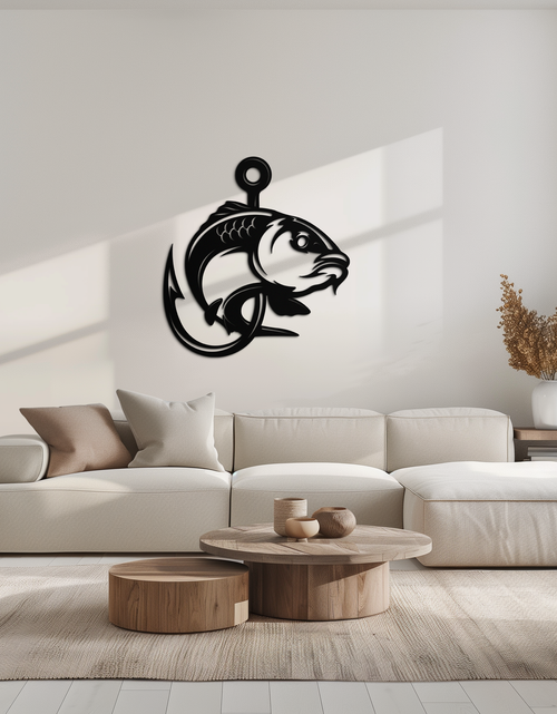 Load image into Gallery viewer, Fishing Hook and Fish Silhouette Metal Wall Art – Black Steel Angler’s Home Decor- KAF495
