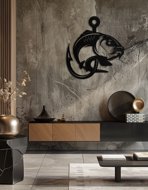 Load image into Gallery viewer, Fishing Hook and Fish Silhouette Metal Wall Art – Black Steel Angler’s Home Decor- KAF495
