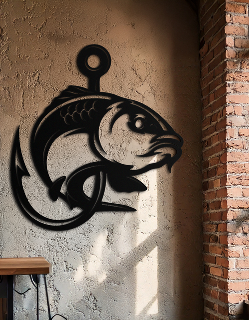 Load image into Gallery viewer, Fishing Hook and Fish Silhouette Metal Wall Art – Black Steel Angler’s Home Decor- KAF495
