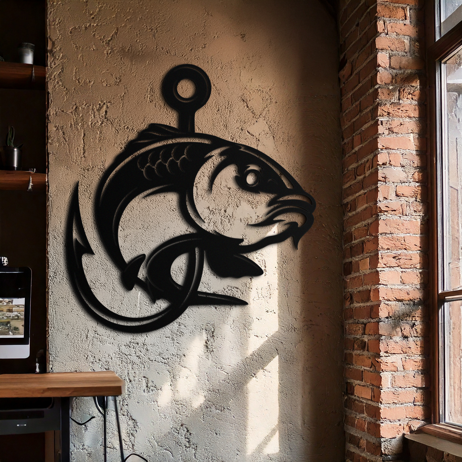 Fishing Hook and Fish Silhouette Metal Wall Art – Black Steel Angler’s Home Decor- KAF495