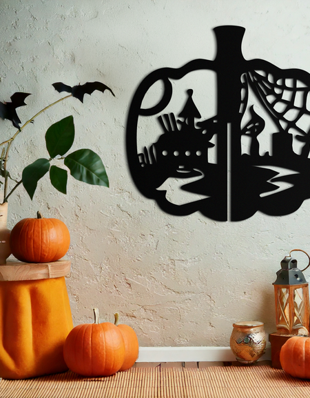 Cadılar Bayramı Balkabağı Metal Duvar Sanatı – Ürkütücü Siyah Çelik Cadılar Bayramı Dekoru- KAF498