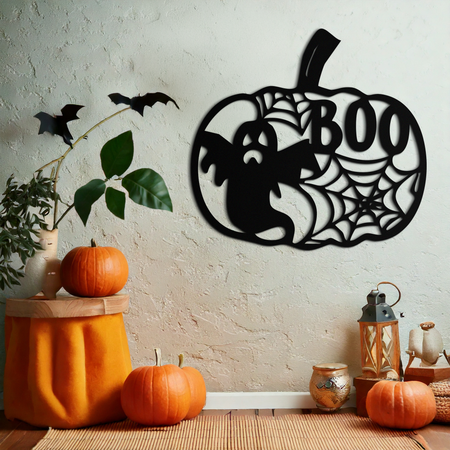 Halloween Pumpkin Ghost Metal Wall Art – Spooky Black Steel Holiday Decoration- KAF501