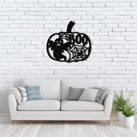 Halloween Pumpkin Ghost Metal Wall Art – Spooky Black Steel Holiday Decoration- KAF501