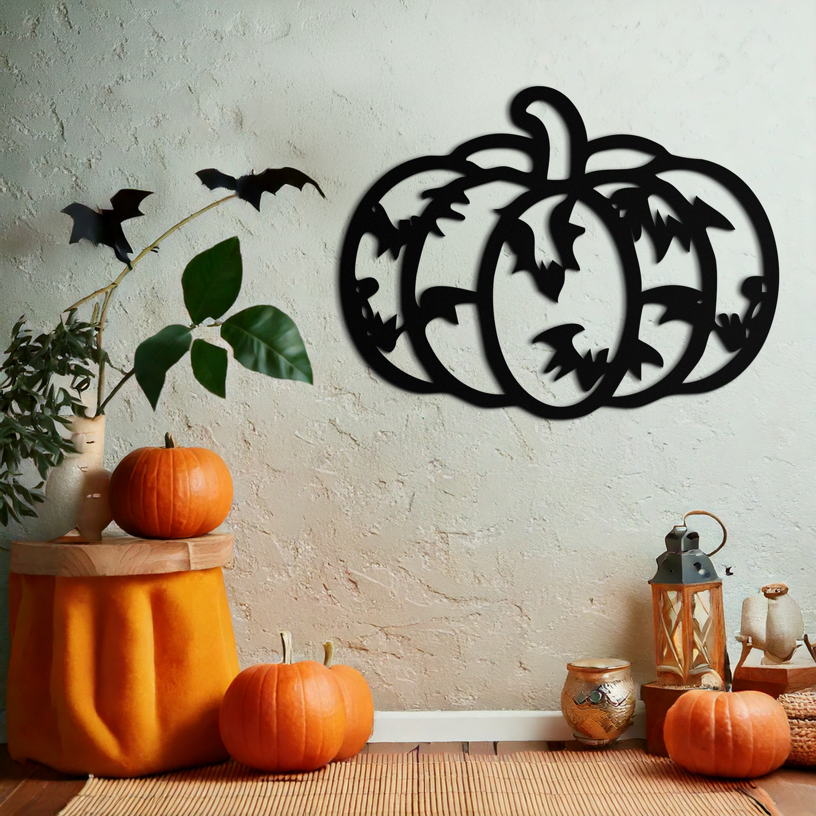Halloween Pumpkin Faces Metal Wall Art – Spooky Black Steel Decoration- KAF502