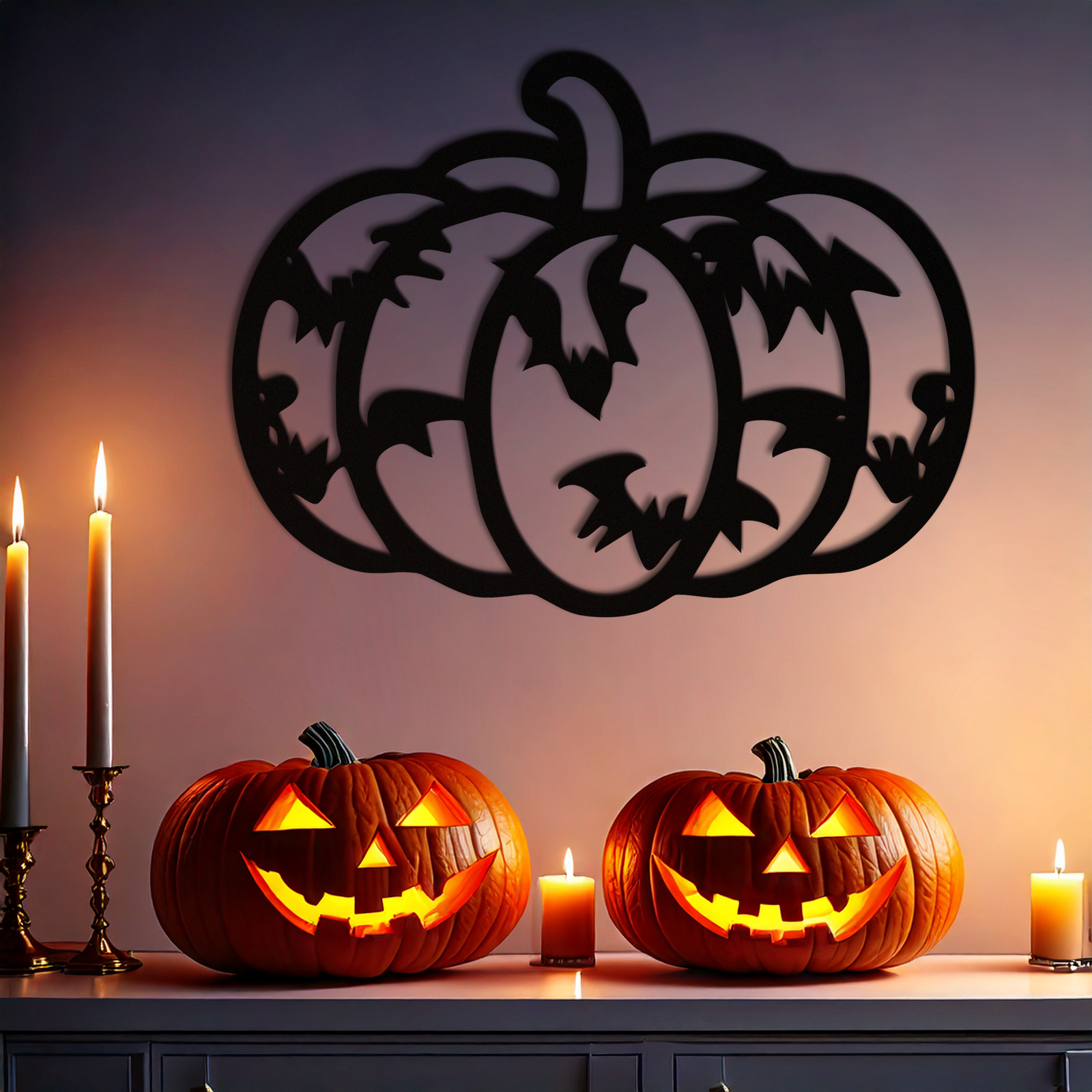 Halloween Pumpkin Faces Metal Wall Art – Spooky Black Steel Decoration- KAF502