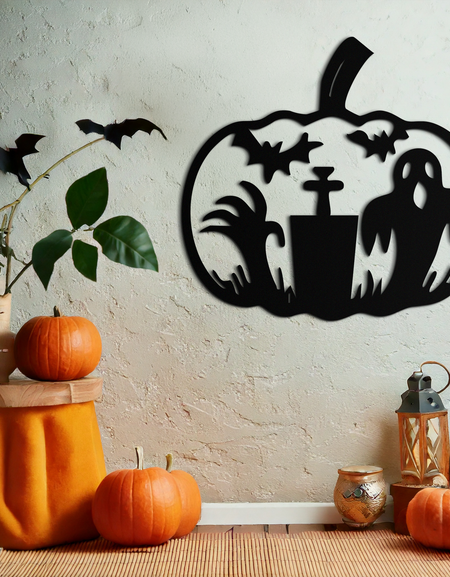 Cadılar Bayramı Hayalet Balkabağı Metal Duvar Sanatı – Siyah Çelik Ürkütücü Tatil Dekorasyonu- KAF503