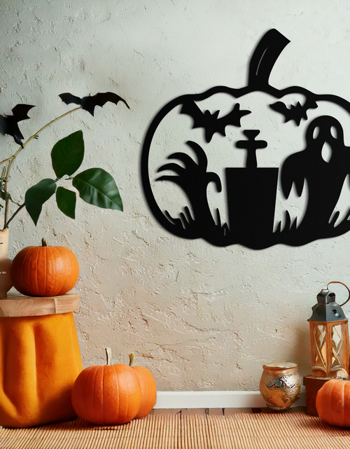Load image into Gallery viewer, Halloween Ghost Pumpkin Metal Wall Art – Black Steel Spooky Holiday Decoration- KAF503
