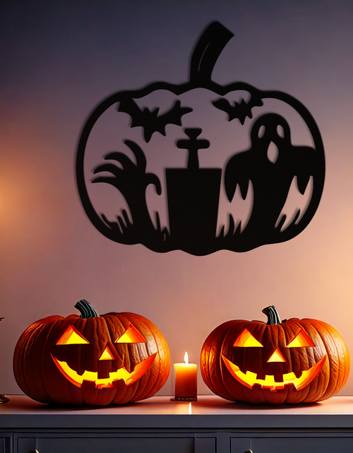 Load image into Gallery viewer, Halloween Ghost Pumpkin Metal Wall Art – Black Steel Spooky Holiday Decoration- KAF503
