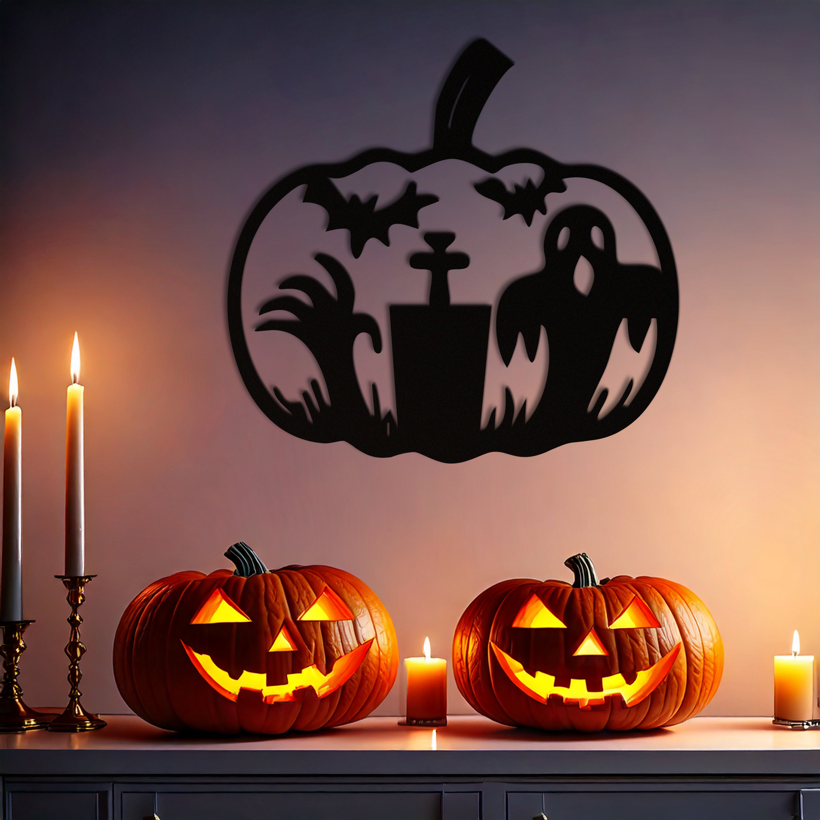 Halloween Ghost Pumpkin Metal Wall Art – Black Steel Spooky Holiday Decoration- KAF503